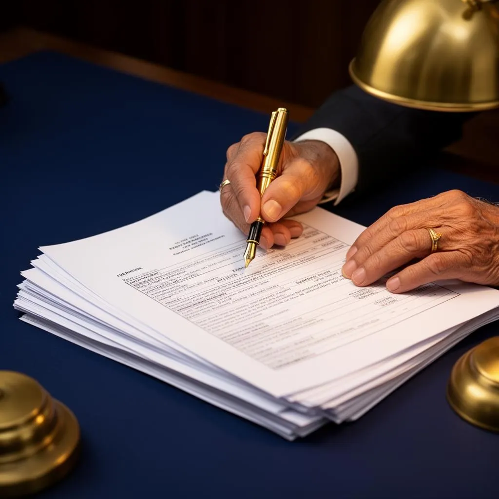 Senior advisor annotating a stressed-asset case file with a gold fountain pen