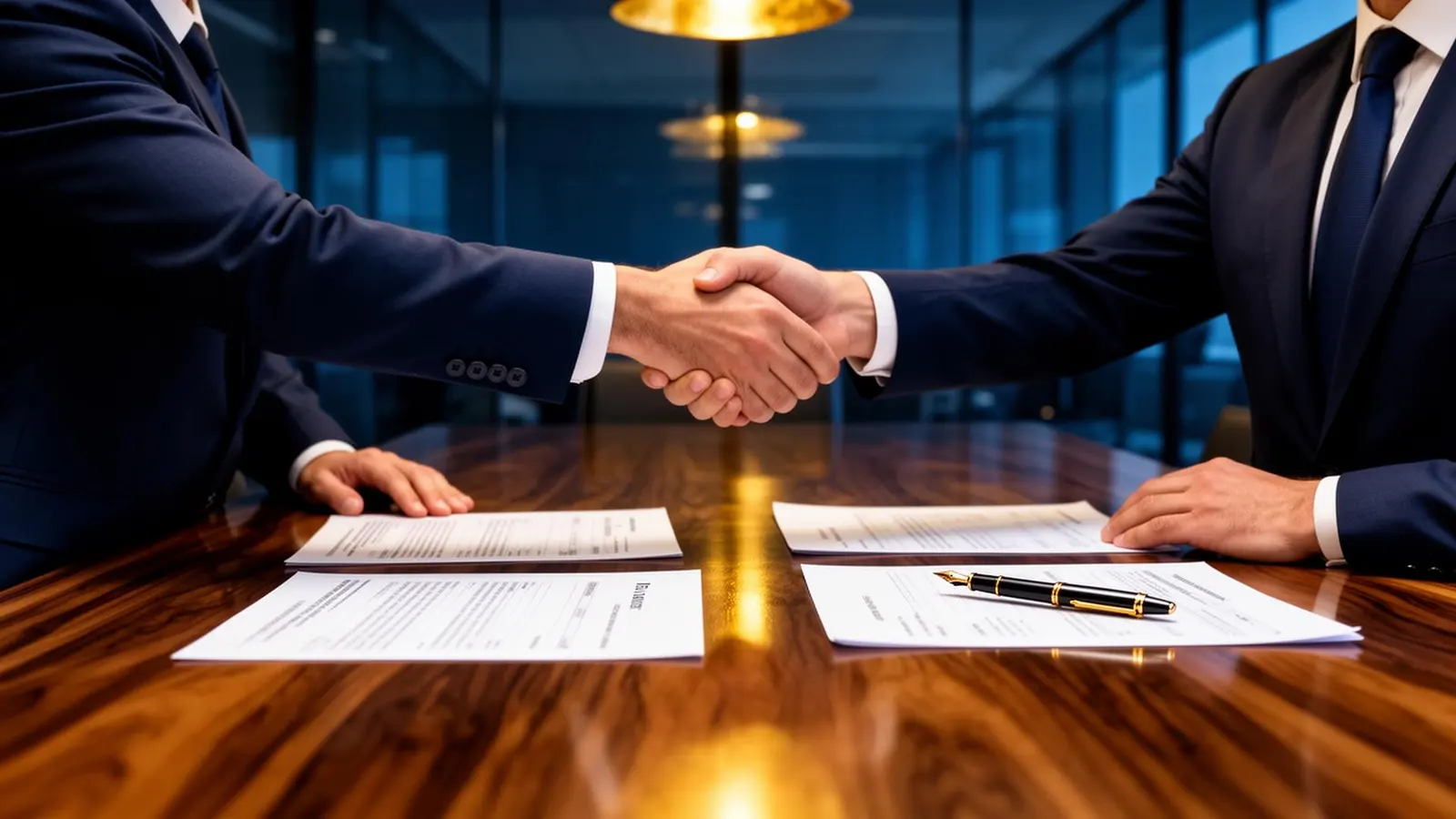 Two professionals shaking hands across a boardroom table after a successful settlement