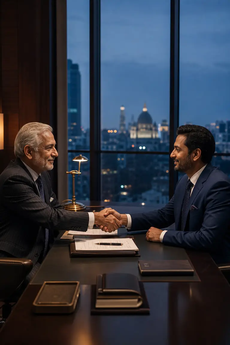 Senior NPA resolution advisor reviewing a case file in a boardroom overlooking the Mumbai financial district